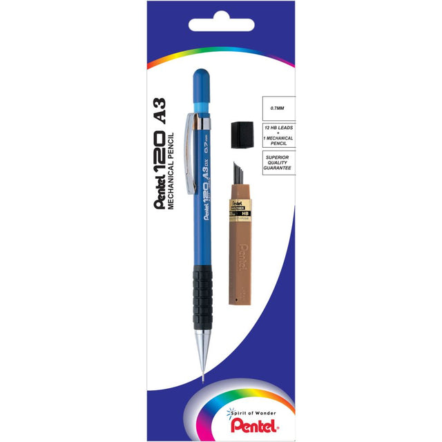 PENTEL XA317 blue mechanical pencil with 0.7mm lead, ergonomic grip, and fixed sleeve, ideal for drafting and writing.