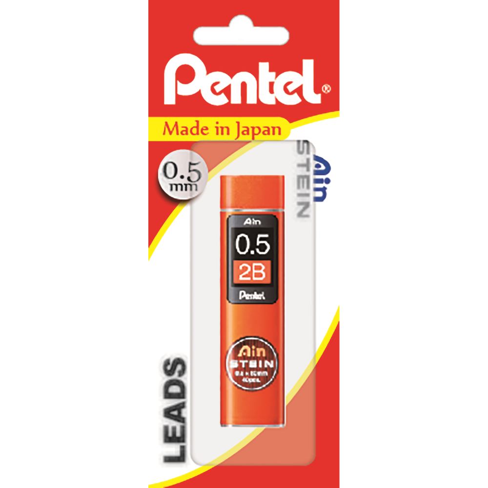 Pentel Ain Stein 2B 0.5mm leads in a swivel-top tube, featuring durable honeycomb structure and eco-friendly materials.