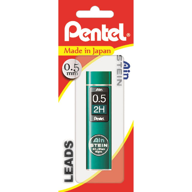 Pentel Ain Stein 2H 0.5mm leads in a swivel-top tube, featuring strong honeycomb structure for smooth writing and drawing.