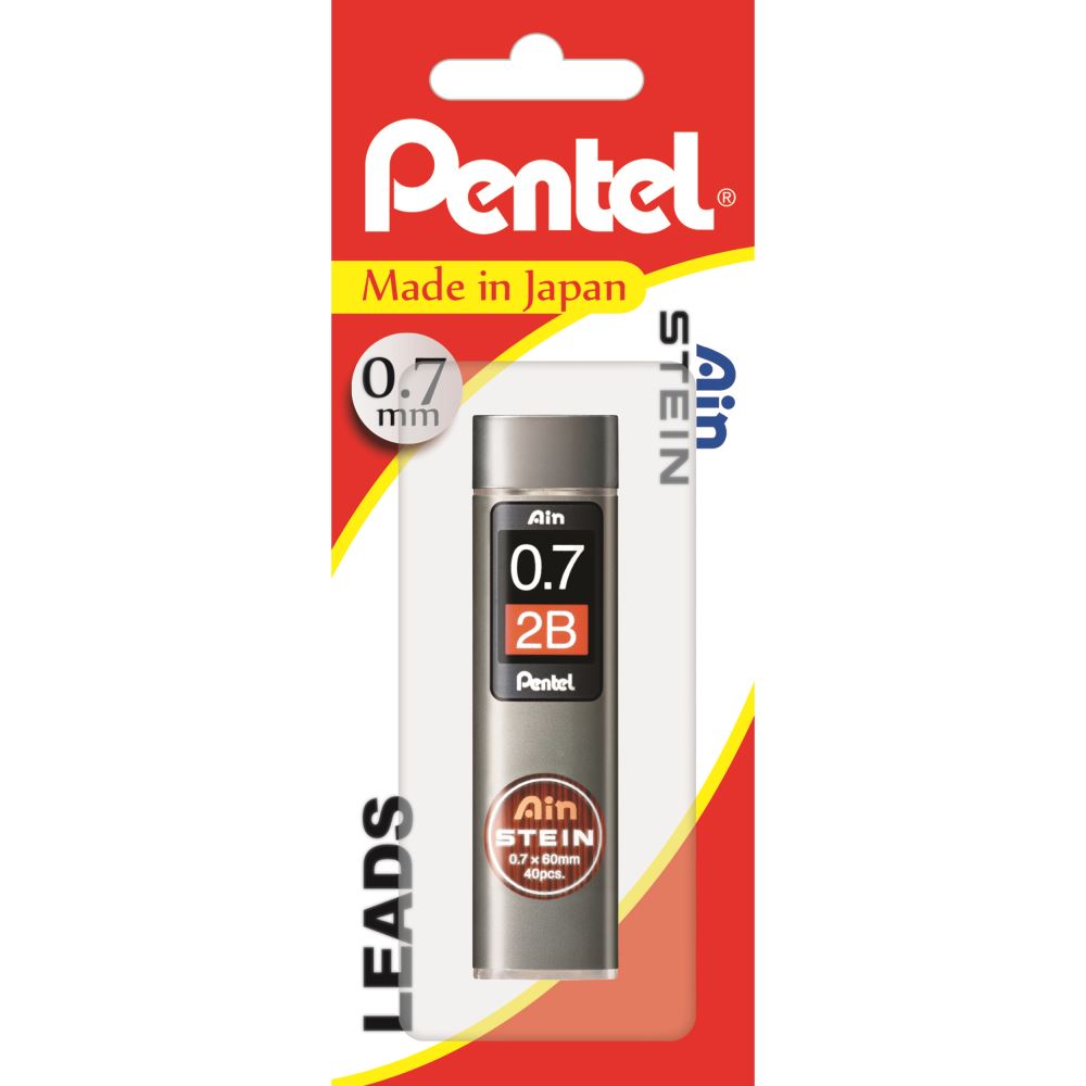 Pentel Ain Stein 2B 0.7mm leads in a swivel-top tube, featuring strong honeycomb design, eco-friendly and ideal for artists.