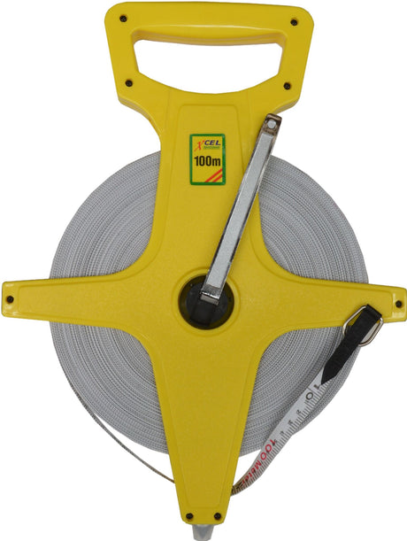 Durable 100m tape measure with clear markings and robust open case, ideal for precision in construction and DIY projects.