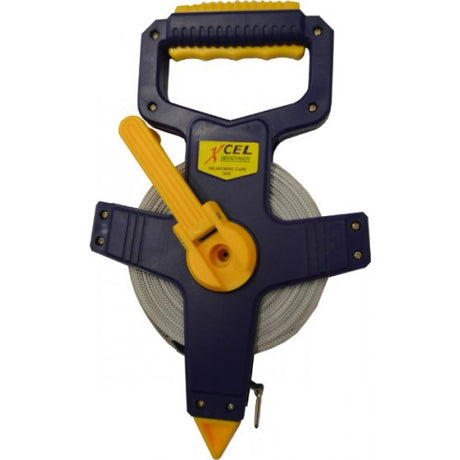 Xcel 30m fibreglass tape measure with open case, featuring a durable, flexible design for accurate metric measurements.