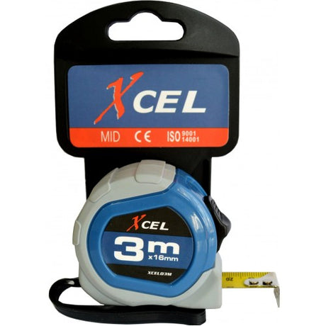 Blue and grey Xcel tape measure with a durable ABS case, 3m long and 16mm wide for precise measurements.