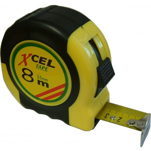 Durable blue and grey ABS tape measure, 8mx25mm, with smooth retractable mechanism and easy-to-read scale. Perfect for any project.