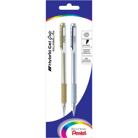 Pentel Hybrid 0.8mm Metallic Gel Pens in Silver and Gold, ideal for decorative writing and art projects, with waterproof ink.