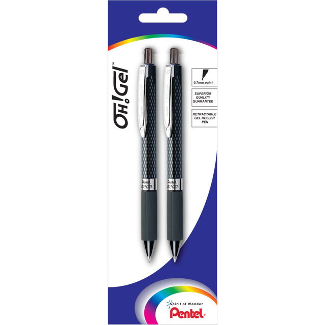 Pentel Oh Gel Roller Pen 0.7mm in black, featuring a soft grip, foil body, and smooth ink for comfortable writing.