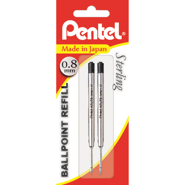 Sleek Pentel B460 refillable ballpoint pens with stainless steel barrels, 0.8mm tips, and rubber grips, set of 8.