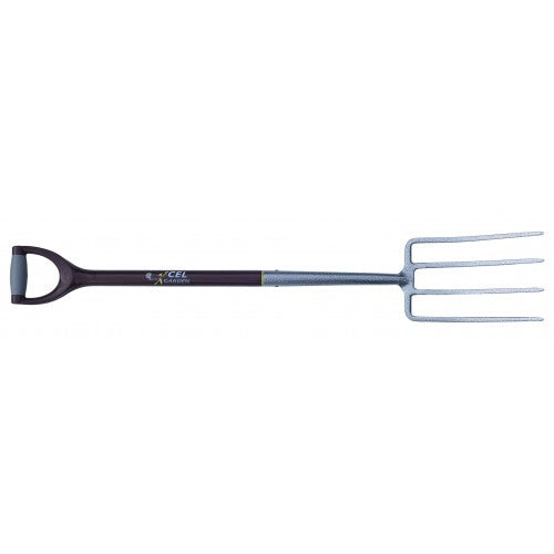 Heavy-duty garden fork with forged head, four tynes, and strong fibreglass handle for durable gardening tasks.