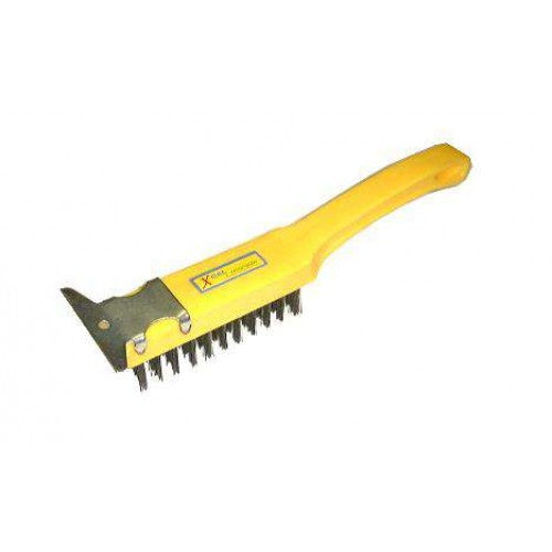 Wire Brush Xcel features a plastic handle, 4 rows of steel bristles, and a built-in scraper for effective cleaning.