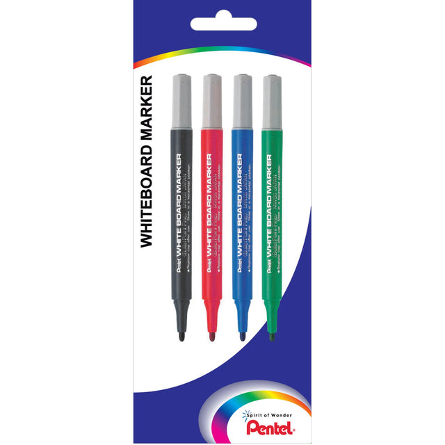 Pentel Wbrd Marker Pack of 4 with fine tip, vibrant colors for clear writing on whiteboards; eco-friendly and ergonomic design.