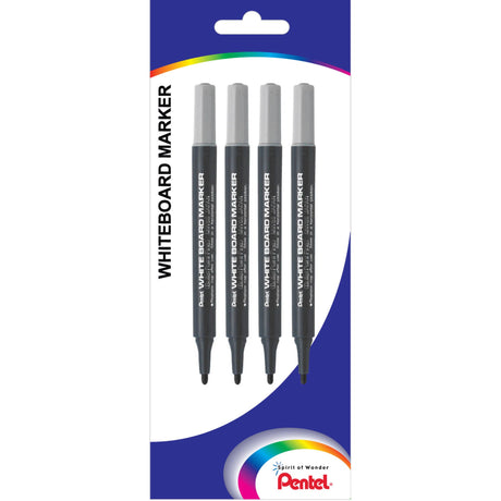 Pack of 4 Pentel 3.0mm fine tip black whiteboard markers for precise, clear writing on small boards.