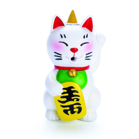 Adorable white lucky cat backflow burner (13.5cm) with green bib and golden bell, creating serene, cascading smoke effects.