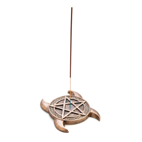 Copper-look incense burner with pentacle and crescent moons, featuring Celtic knot design, perfect for incense sticks.