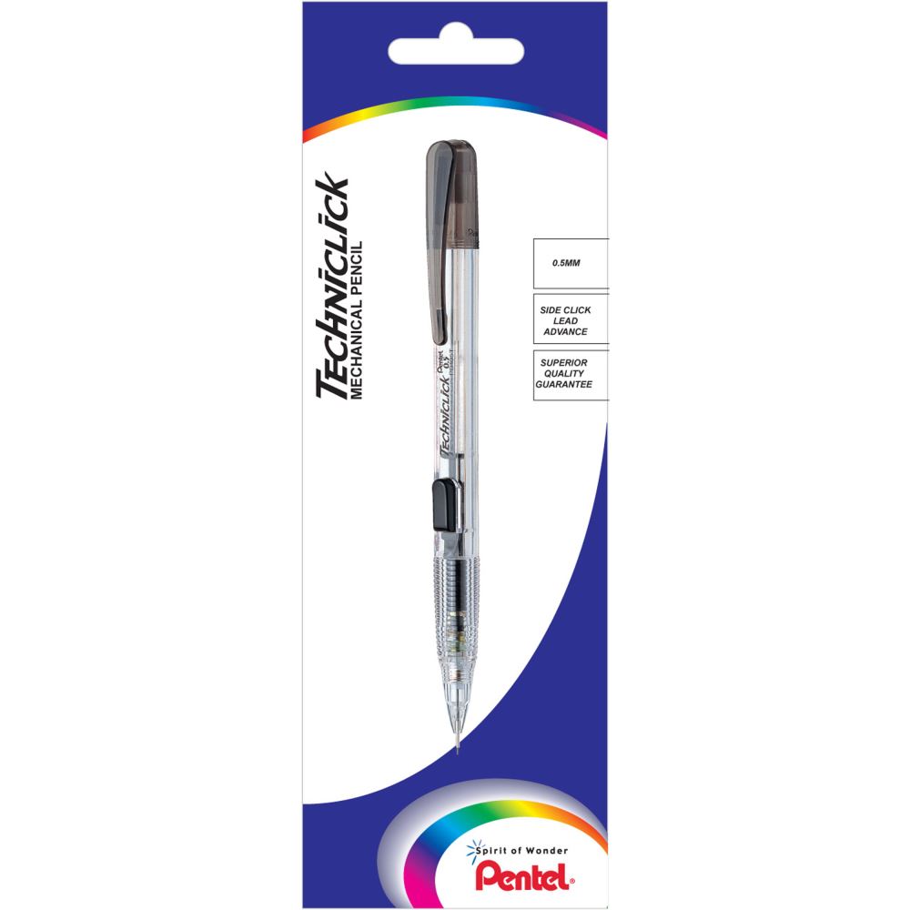 Pentel Techniclick Auto Pencil 0.5mm Black, featuring a side click mechanism, transparent barrel, and ergonomic grip for comfort.