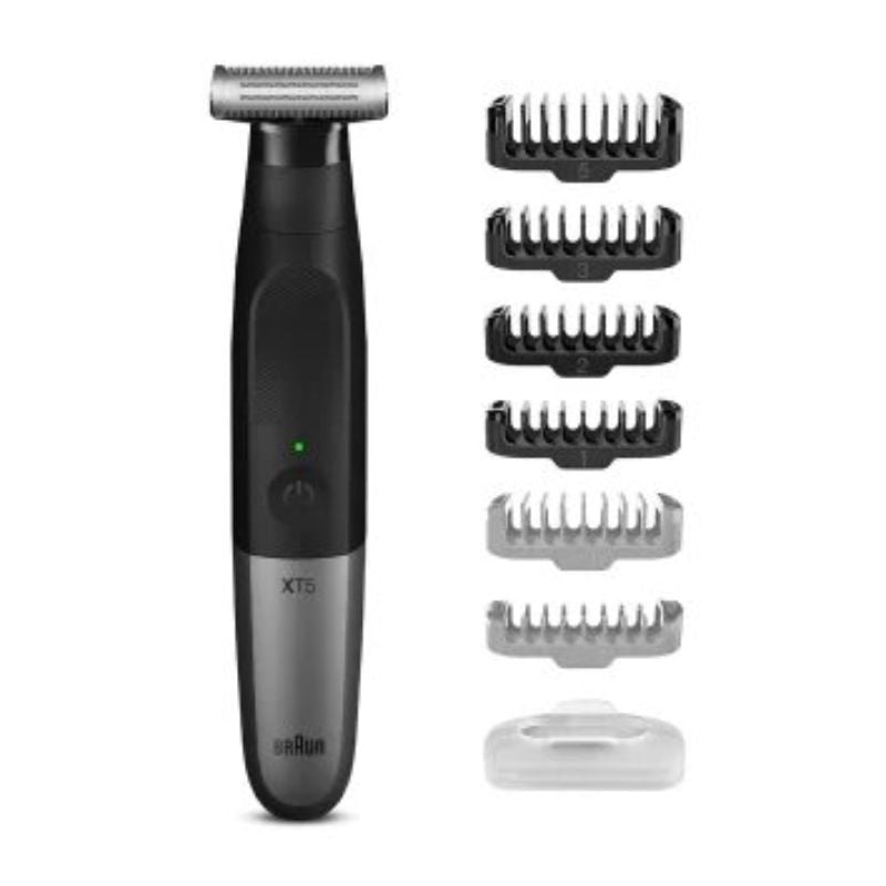 Braun Series X XT5200 trimmer in black/grey metal with 6 attachments, designed for wet/dry grooming and skin protection.