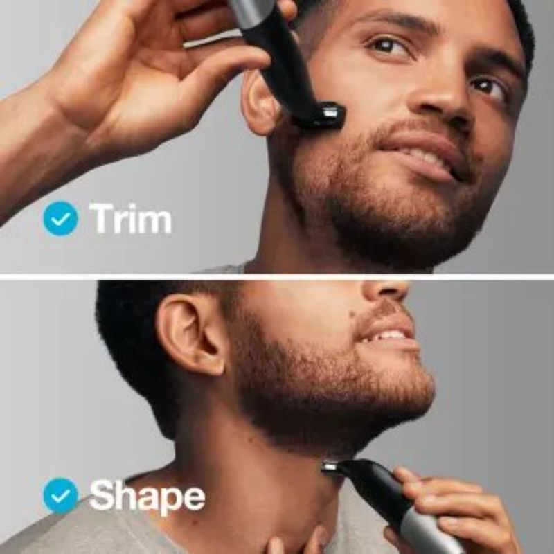 Braun Series X XT5200 trimmer in black/grey metal, featuring 4D-Blade technology and 6 attachments for versatile grooming.