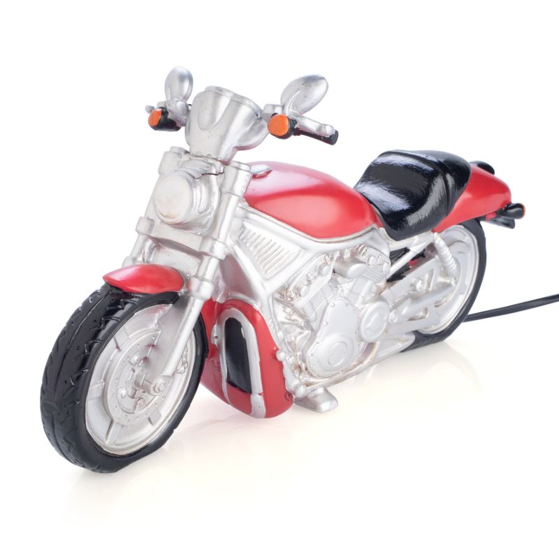 Motorcycle-themed LED table lamp with soft glow, perfect for kids' rooms, 29 cm tall, energy-efficient and safe.