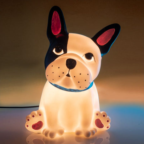 Table lamp shaped like a French Bulldog, features low voltage LED for safety, perfect for decor and cozy lighting.