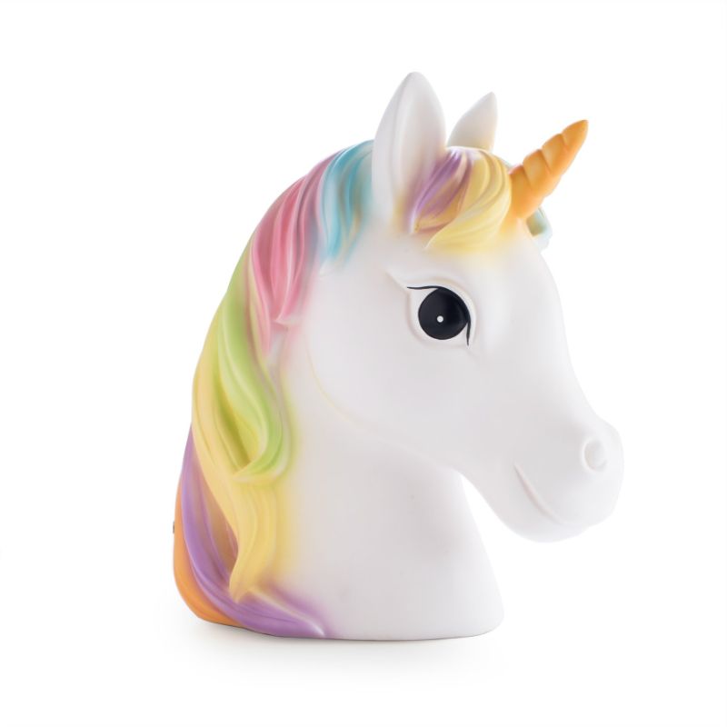 LED table lamp featuring a whimsical white unicorn with a rainbow mane, perfect for children's bedtime and decor.