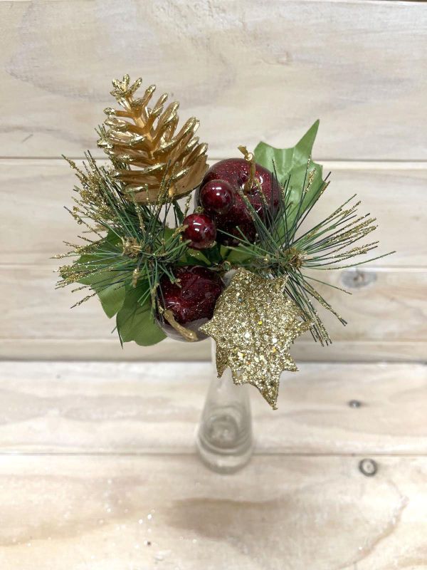 Artificial Xmas glitter pick featuring red apple, pear, and pine cone accents for festive holiday decor.