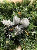 Artificial Xmas Glitter Pick with apple, pear, and cone in shimmering silver, perfect for festive decor and holiday arrangements.