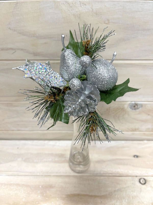 Artificial Xmas Glitter Pick featuring apple, pear, and cone in silver, perfect for festive decorations and holiday centerpieces.