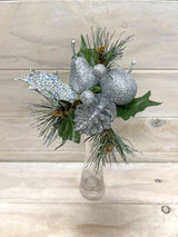 Artificial Xmas Glitter Pick featuring apple, pear, and cone in silver, perfect for festive decorations and holiday centerpieces.