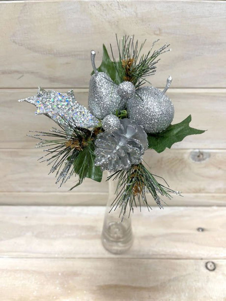 Artificial Xmas Glitter Pick featuring apple, pear, and cone in silver, perfect for festive decorations and holiday centerpieces.