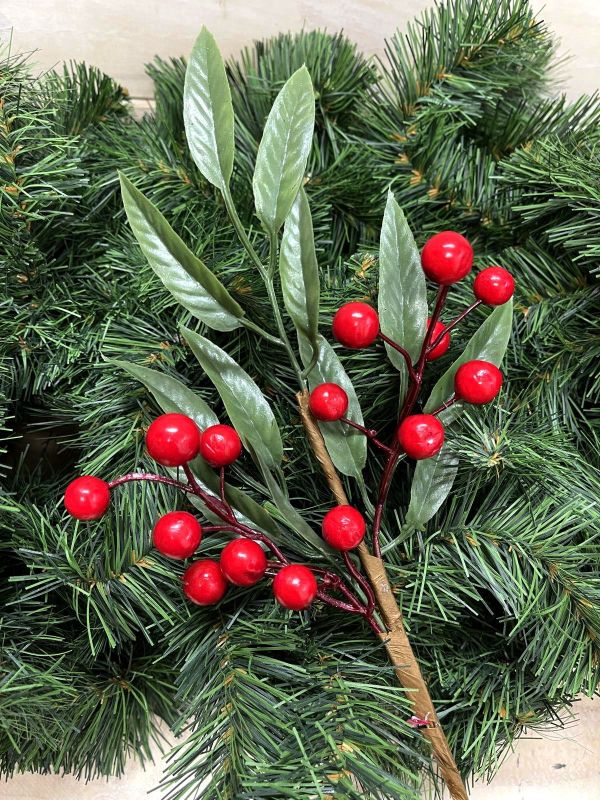 Artificial red berry pick with holly leaf, 36cm long, ideal for festive decor and floral arrangements.