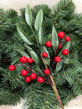 Artificial red berry pick with holly leaf, 36cm long, ideal for festive decor and floral arrangements.