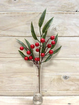 Vibrant red artificial berry pick with holly leaf, perfect for festive decor and floral arrangements, measuring 36cm long.
