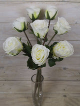 Lifelike white artificial rose bud bundle with 8 flowers, perfect for decor, arrangements, and gifts.