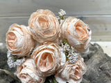 Peach artificial rose posies with a dry look, featuring 6 lifelike flowers for elegant home decor and low maintenance.