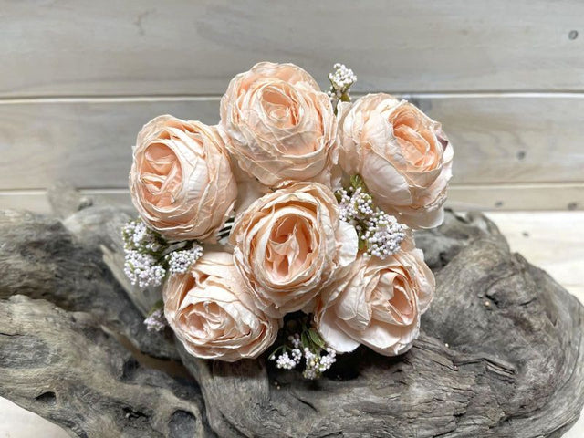 Artificial peach rose posies in a dry look, featuring 6 lifelike flowers for stylish, low-maintenance home decor.
