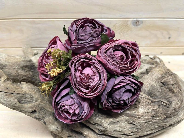 Elegant bundle of 6 artificial TT Wine rose posies, perfect for long-lasting home decor and special occasions.