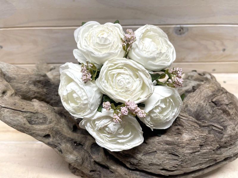 Elegant white artificial rose posies in a dry look, featuring six lifelike flowers, perfect for home or event decor.