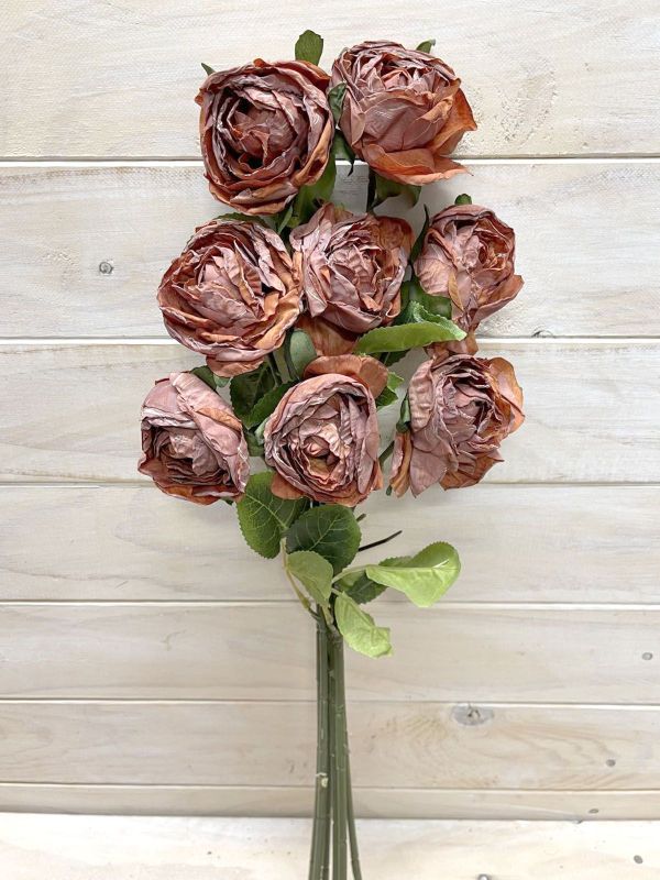 Vibrant rust artificial rose stem bundle with a dry look, perfect for elegant home decor and versatile arrangements.