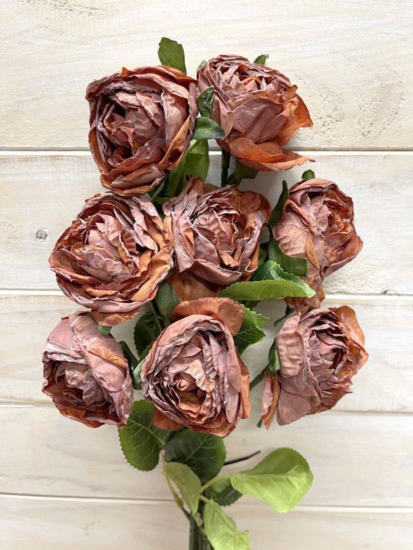 Rust-colored artificial rose stem bundle, showcasing realistic details for elegant home decor without upkeep.