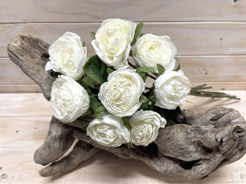 Artificial white rose stem bundle with a dry, rustic look, perfect for elegant home decor and floral arrangements.