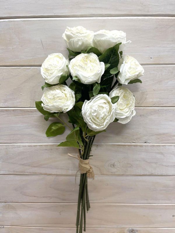 Artificial white rose stem bundle with a dry look, perfect for elegant home decor and versatile floral arrangements.