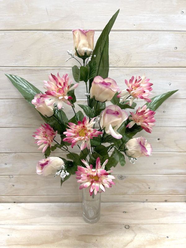 Vibrant mixed pink artificial flower bush with realistic petals and lush greenery, perfect for low-maintenance decor.