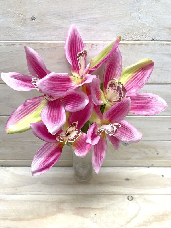 Lifelike pink Artificial Cymbidium Orchid Bush, perfect for elegant home decor, weddings, or centerpieces.