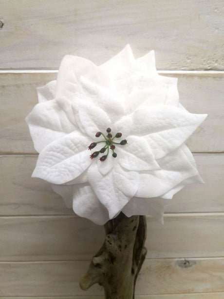 White glittered poinsettia head with clip, ideal for elegant holiday decor and versatile decorating options.