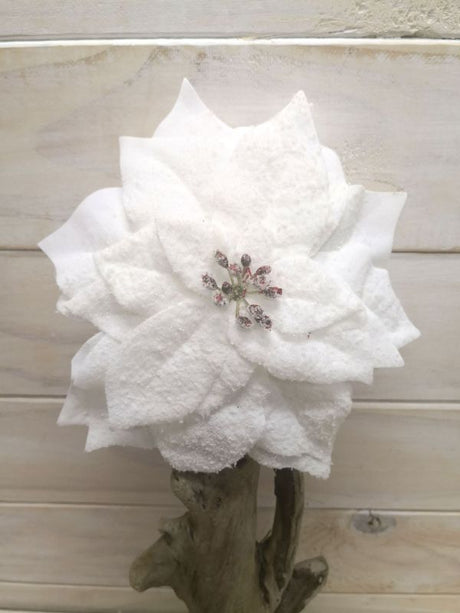 Elegant white artificial poinsettia with snow detail, perfect for festive decor, featuring a 16cm diameter for versatile arrangements.