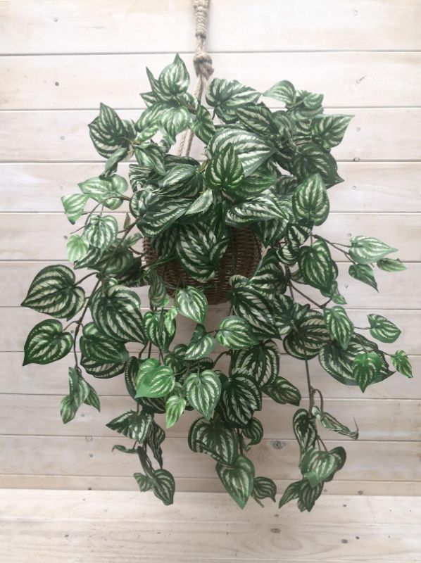 Large artificial watermelon leaf hanging bush, vibrant green foliage for home and office decor, low-maintenance and durable.