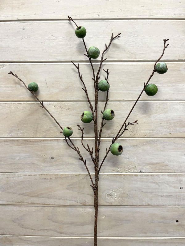 Lifelike green artificial eucalyptus nut spray, perfect for elegant home decor and versatile floral arrangements.