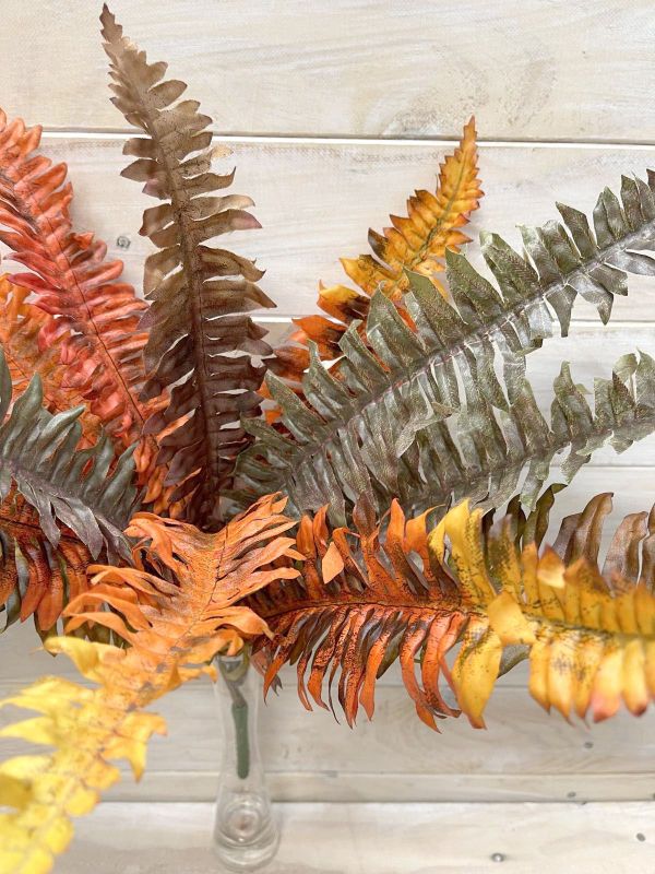 Lifelike Artificial Autumn Boston Fern Bush in vibrant hues, ideal for home decor and seasonal displays without maintenance.