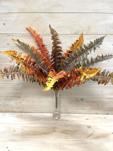 Vibrant Artificial Autumn Boston Fern Bush with rich colors, perfect for hassle-free home decor and year-round greenery.