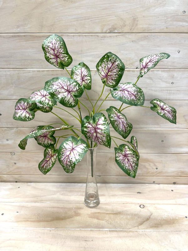 Lifelike artificial Caladium leaf bush with vibrant variegated leaves, perfect for low-maintenance indoor and outdoor decor.