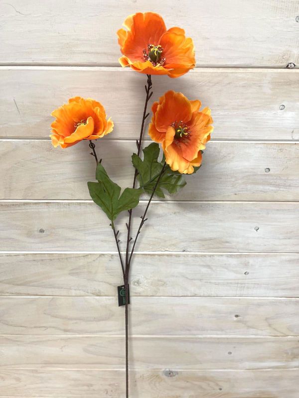 Vibrant orange artificial poppy spray with three lifelike flowers, perfect for home decor and year-round arrangements.